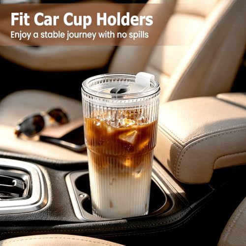 TUZAZO 20 Oz Ribbed Glass Coffee Tumblers with Lids and Straws, 4 Pack - Image 6