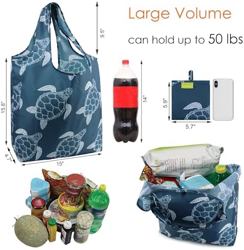 BeeGreen Sea Turtle Reusable Grocery Bags Large Tote Bag With Handles, Bulk Gift Foldable Shopping Bags for Women 6 Pack, Cute Cloth Bag, Heavy Duty, Washable For Beach, Holiday, Travel And Groceries​ - Image 3