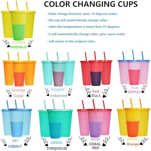 Color Changing Cups, 9 Pack 24oz Plastic Tumblers, Reusable Iced Coffee & Smoothie Cups with Lids and Straws for Parties and Travel (Colors, 9 Packs) - Image 3