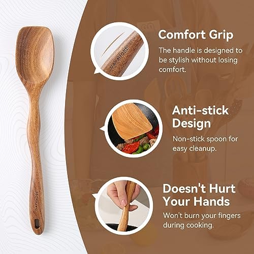 Kitchen 10PCS Teak Wooden Utensils Set With Holder and Spoon Rest - Image 4