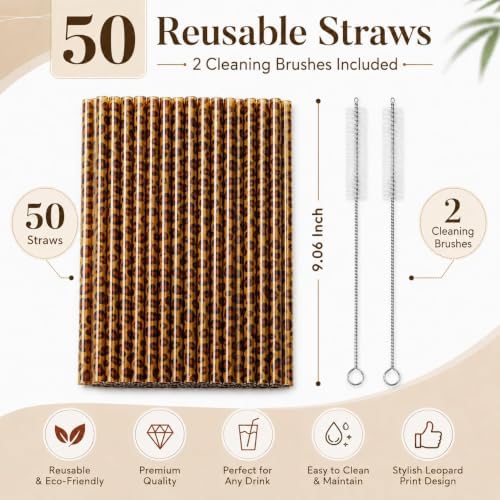 50 Pcs Reusable Leopard Print Plastic Drinking Straws with Cleaning Brush - Image 2