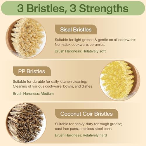 Wooden Dish Brush Handheld Bamboo Wok Brush Scrubber for Dishes Pans Pots Fruit and Veggie Washing(3,Beige Brown and Yellow) - Image 3