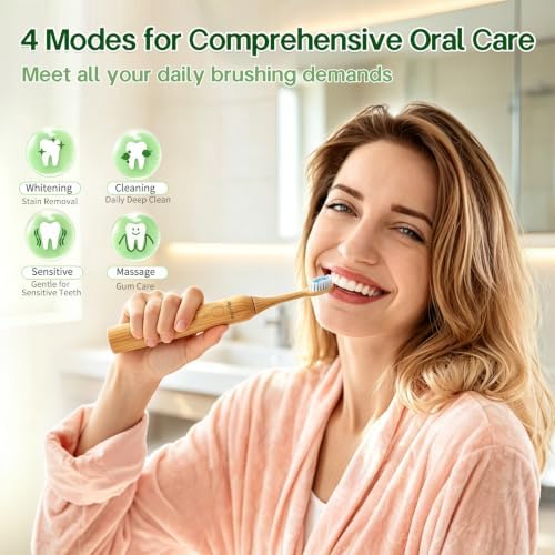 Sonic Electric Bamboo Toothbrush 2 Bamboo Heads with Castor Oil Bristles - Image 6