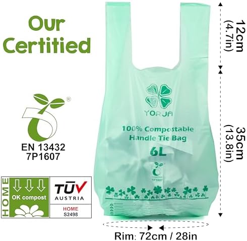 1.6 Gallon Tie Handles Compost Trash Bags 120 Food Scrap Bags, Compostable Kitchen Waste Bags with Europe EN13432 & ASTM D6400 Certified - Image 5