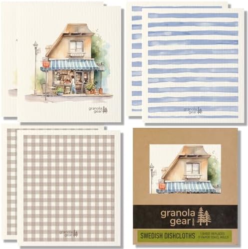 Swedish Dishcloths for Kitchen 6-Pack, Made in Sweden, Reusable Paper Towels, Washable Sponge Dish Wash Cloths, Cellulose Cotton, Watercolor Art-Coffee Shop by GranolaGear