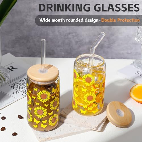 DWTS DANWEITESI Glass Cups with Lids and Straws with Design Sunflower 4 pcs,Clear Glass Cups 16 oz-Drinking Glasses Set,Glass Tumbler,Cute Design Glass Iced Coffee Cups with Lids and Straws 480ml - Image 3