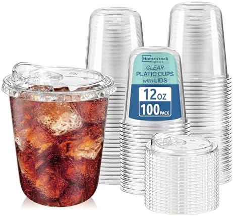 Homestockplus 100 Pack 12 oz BPA-Free Clear Plastic Cups with Sip Lids - Leak-Proof Round Bottom Disposable Iced Coffee Cups for Kids, To-Go Drinks, Smoothies, Juice & Small Portion Cold Beverages by Homestockplus
