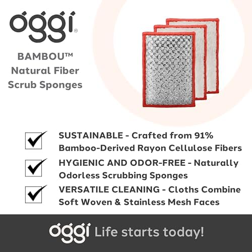 OGGI Bambou Odor-Free Scrubbing Sponges - Natural Scrub Sponges for Dishes, 91% Bamboo-Derived Rayon Cellulose Fiber, Reusable, Absorbent, Durable Scrubbers, Non-Scratch, Washable - 3 pcs, 7x4 - Image 7