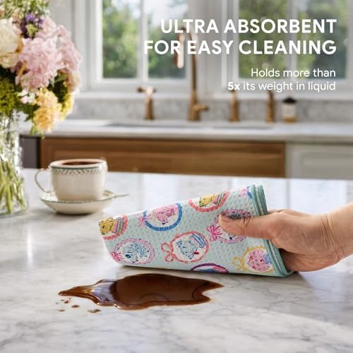 RECYCO Waffle Kitchen Towel Set of 2 - Quick Dry Microfiber Sustainable Dish Towels - Ultra Absorbent Reusable Cleaning Tea Towels - Lightweight Hand Towels,16”x 28”, Puppy Joy - Image 4