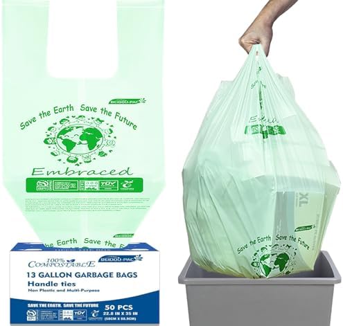 BEIDOU-PAC 13 Gallon Compostable Tall Kitchen Trash Bags with Handle, 50 Count, Sturdy Garbage Bags for Food Scrap Waste, ASTM D6400, US BPI Certified by BEIDOU-PAC