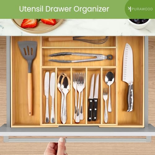 Purawood Bamboo Drawer Organizer - Expandable Silverware Organizer & Utensil Drawer Organizer, Cutlery Tray with Dividers, 7-9 Slots- Kitchen Organizer for Utensils & Flatware (Natural) - Image 6
