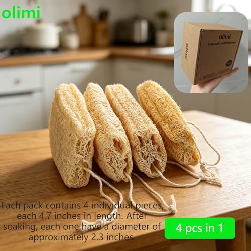 OLIMI Natural Luffa Scrubber for Dishes (4-Pack), 100% Loofah Sponge for Kitchen Cleaning, Non-Scratch Scrub Pads for Pots Pans Glass, 12cm/4.7 inch Each, Eco-Friendly Dishwashing Tools - Image 7