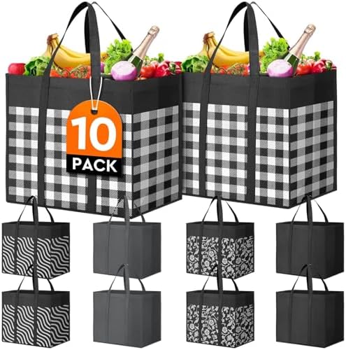 Reusable Grocery Shopping Bags 10 Pack Large Foldable Tote Bags Bulk by WiseLife