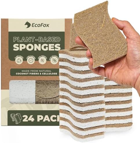 Plant-Based Kitchen Sponges (24 Pack) | USDA Biobased Certified | FSC & PETA Approved | Natural Cellulose & Coconut Scrubber Sponge | S-Shaped Design | Eco-Friendly, Non-Scratch, Non-Toxic & Vegan by EcoFox