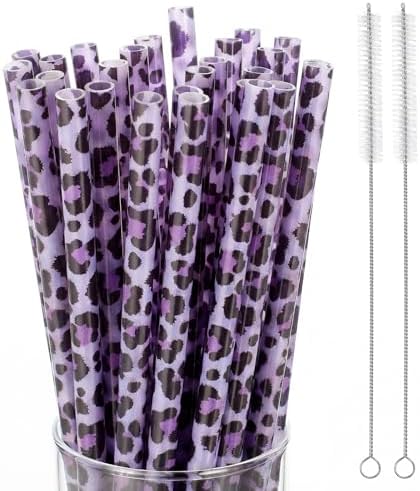 Zopeal 25 Pcs Reusable Leopard Straws with Cleaning Brushes, Purple by Zopeal