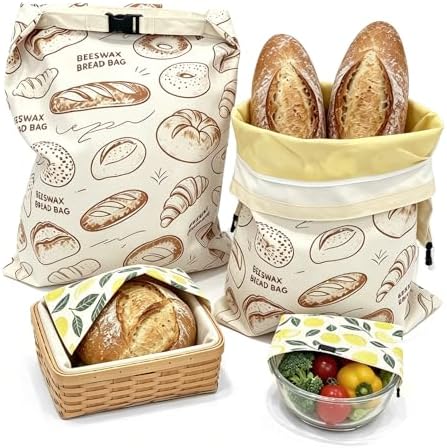 2 Pack Beeswax Bread Bags for Sourdough - 17"x13" Reusable Homemade Bread Keeper Storage Set with 2 Beeswax Food Wraps, Double Seal Zipper & Snap Buckle, Flippable Cleanable Liner, Freezer Safe by Unknown