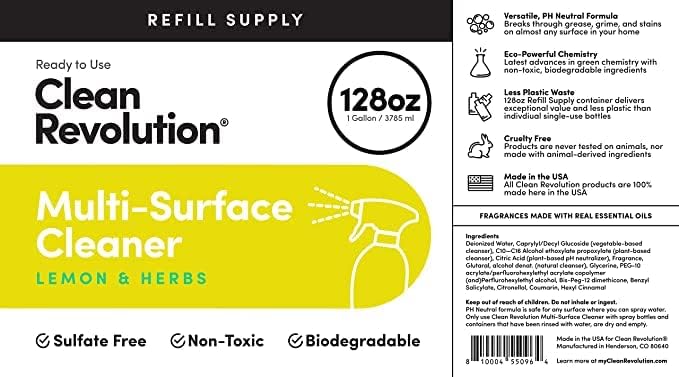 Clean Revolution Multi-Surface Cleaner Refill Supply | Non-Toxic, Eco-Friendly & Plant-Based | Ready To Use | Lemon & Herbs | 128 Fl Oz, 4 Pack, 512 Total Fl Oz - Image 4