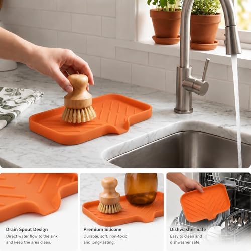 MicoYang Silicone Soap Dish with Drain Spout — Self-Draining Sink Organizer Tray for Bathroom & Kitchen, Sponges, Dispensers & Soap Holder, Non-Slip & Dishwasher Safe, Orange (Medium, 9.6"×5.3") - Image 4