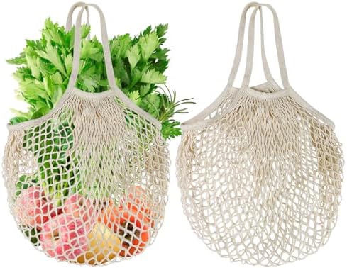 2-Pack Reusable Mesh Grocery Bags, 100% Cotton String, Long Handle Produce Bags, Fruit & Veggie Storage by Mordx