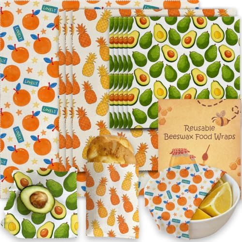 Beeswax Food Wrap, Orange Pineapple Avocado Wrap, 9 Pack Eco-Friendly Food Storage, Sandwich, Snack, Bowl Covers, Organic, Sustainable, Zero Waste, Plastic-Free, 1XL, 3M, 5S by Unknown