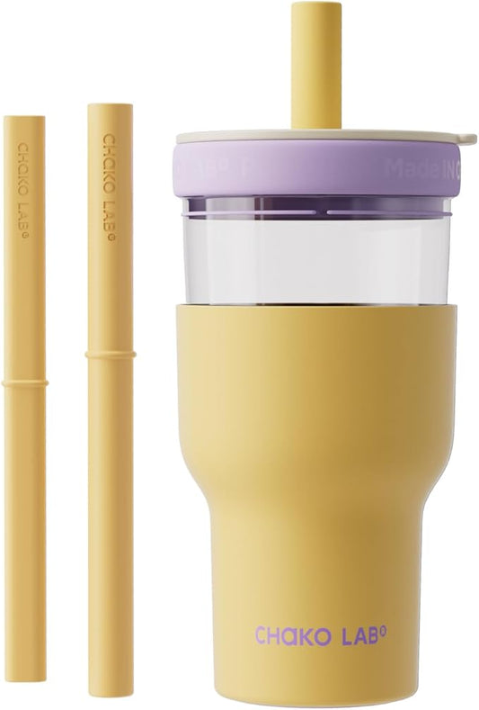 CHAKO LAB Insulated Stainless Steel Water Bottle | Dual-layer tumbler with Glass Linner and Stainsteel Linner | BPA-Free Leak Proof Thermos | 20oz Bottle with Two Straw | Yellow & Purple