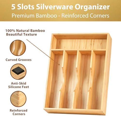 Umilife Bamboo Kitchen Drawer Organizer, 9 Inch Silverware Utensils Tray Holder for Small Drawer, Wood Caddy for Flatware Cutlery Knives - Image 2