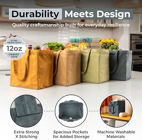 VeraMia Canvas Grocery Bag 3pc XL Set with Real Pockets, Long Shoulder Strap and Short Handle. Heavy Duty, Foldable, Washable - Image 3
