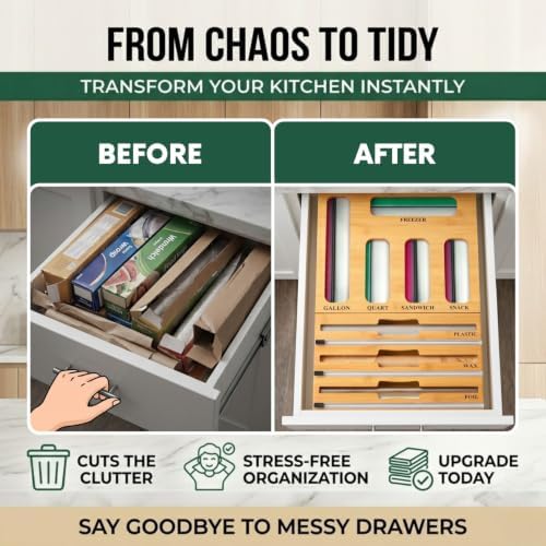 9 in 1 Bamboo Storage Bag Organizer for Kitchen Drawer, Bamboo Kitchen Drawer Organizer with Cutter, Foil and Plastic Wrap Dispenser, Ideal Storage for Gallon, Quart, Sandwich and Snack Bags - Image 3