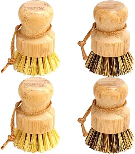 Bamboo Dish Brush Set, 4 Pcs Palm Wooden Dish Scrubber Brush, Dish Brushes, Durable Wood Dishes Scrub Brush, Natural Round Vegetable Cleaning Pots Pans Sink Washing Kitchen Brush by Aisuly by Aisuly