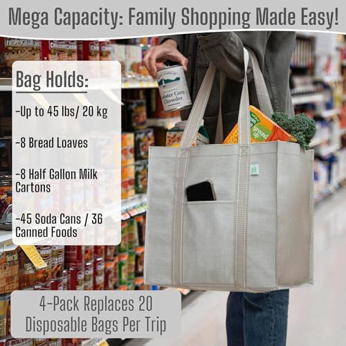 VENO 4 Pack Large Grocery Bag Reusable Shopping Bags with Hard Bottom - Image 4