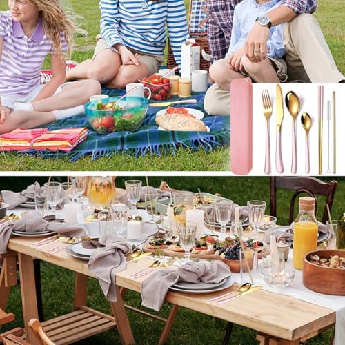 AARAINBOW 7 Pieces Stainless Steel Flatware Set Portable Reusable Cutlery Set Travel Utensils Set Including Chopsticks Knife Fork Spoon Straws Cleaning Brush Dishwasher Safe (7 Pink Golden) - Image 4