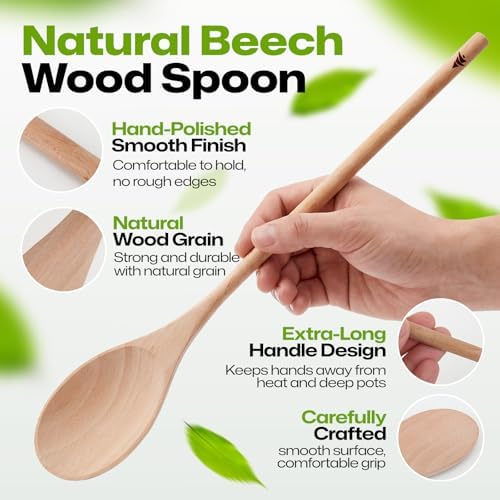 AIUHI Wooden Spoons for Cooking, 3Pcs 12 Inch Wooden Cooking Oval Spoon, Long Handle Beech Wood Serving Spoon for Mixing, Stirring and Eating - Image 6