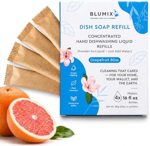 Dish Soap Refill Powder-to-Liquid Concentrate, Just Add Cool Water, Grapefruit Scent, 4 Packets Make 4 x 16 fl oz Bottles, Grease-Fighting, Plastic-Free (Grapefruit Scent) by Blumix
