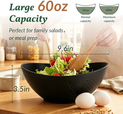 Homienly Wheat Straw Bowls Set of 6, 60 OZ Salad Bowl Large Capacity for Soup, Popcorn - Unbreakable Serving Bowl - Microwave & Dishwasher Safe Bowl, Alternative for Plastic Bowls for Kitchen - Black - Image 2