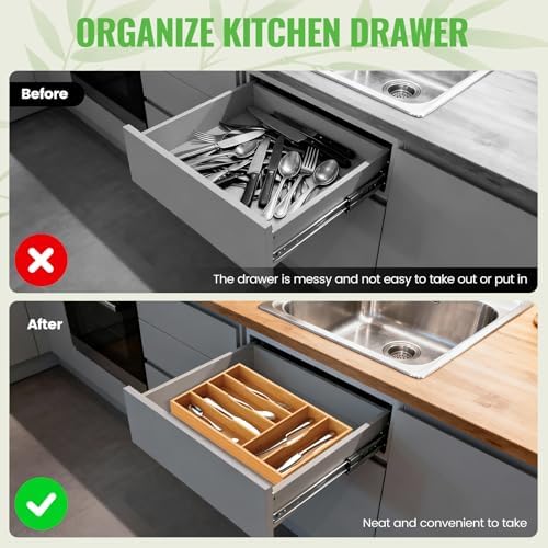 Bamboo Silverware Organizer, Bamboo Kitchen Drawer Cutlery Organizer, Utensil Holder, Flatware Organizer Tray (15.8"x9.5"x1.6") - Image 7