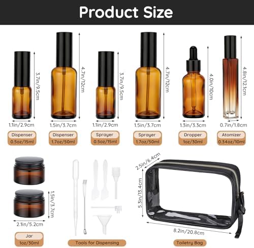 Segbeauty 8pcs Amber Travel Toiletry Containers with Clear Bag, Refillable Travel Skincare Containers Spray Dropper Bottle Perfume Atomizer, Lotion Container Jar Empty Amber Glass Creams Pump Bottle - Image 3