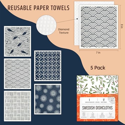Swedish Dishcloths, 5 Pack Swedish Dishcloths for Kitchen, Super Absorbent, Biodegradable, Quick Drying, Dishwasher Safe - Image 2