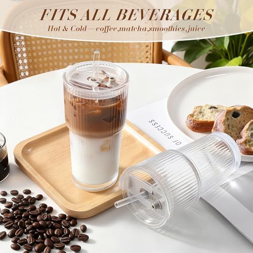 Iced Coffee Cups with Lids 2Pcs: Ribbed Glass Tumbler with Straw and Lid 20oz - Vintage Glass Cups with Lids and Straws - Tumbler Leak Proof Aesthetic Drinking for Coffee Bar Accessories - Image 4