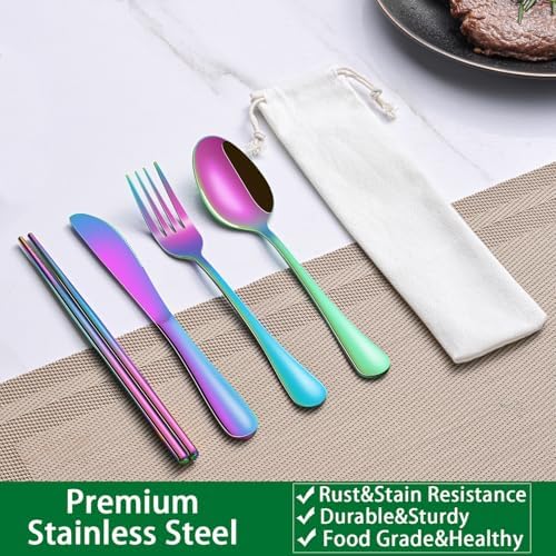 Rainbow Working Lunch Silveware Set,Reusable Travel Utensils Set With Case Includes Stainless Steel Chopsticks Knife Spoon And Fork,Camping Picnic Essentials - Image 3