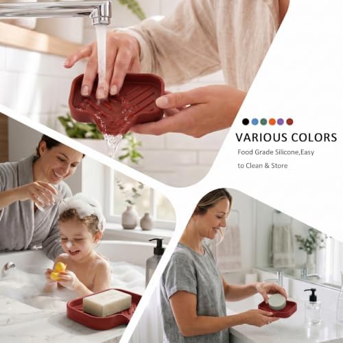 MicoYang Silicone Soap Dish with Drain Spout, Self-Draining Sink Organizer Tray for Bathroom and Kitchen, Sponges, Dispensers and Soap Holder, Non-Slip and Dishwasher Safe, Red (Compact, 4.9"×3.2") - Image 4