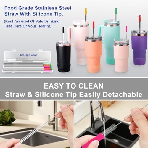 Newly Upgraded 8.5In Reusable Stainless Steel Straws Set 12 PCS with 12 Silicone Tips, 2 Straw Brush, 1 Storage Case, BPA Free, Eco-Friendly Metal Straws for 14, 20, 30 oz Tumbler，for Hot/Cold Drinks - Image 7