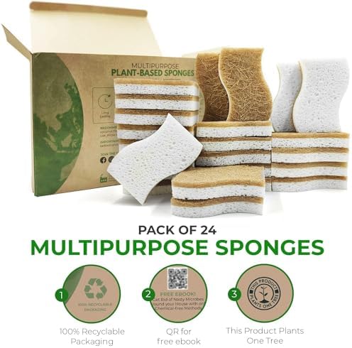 AIRNEX Natural Kitchen Sponges (24 Pack) - Biodegradable Cellulose & Coconut Scrubber Dish Sponges for Kitchen - Eco-Friendly, Non Scratch, Compostable, Non Toxic S-Shaped Natural Sponges for Dishes - Image 3
