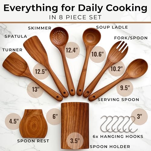 Wooden Utensil Set, 8 Pcs Teak Wooden Spoons for Cooking with Holder - Image 6