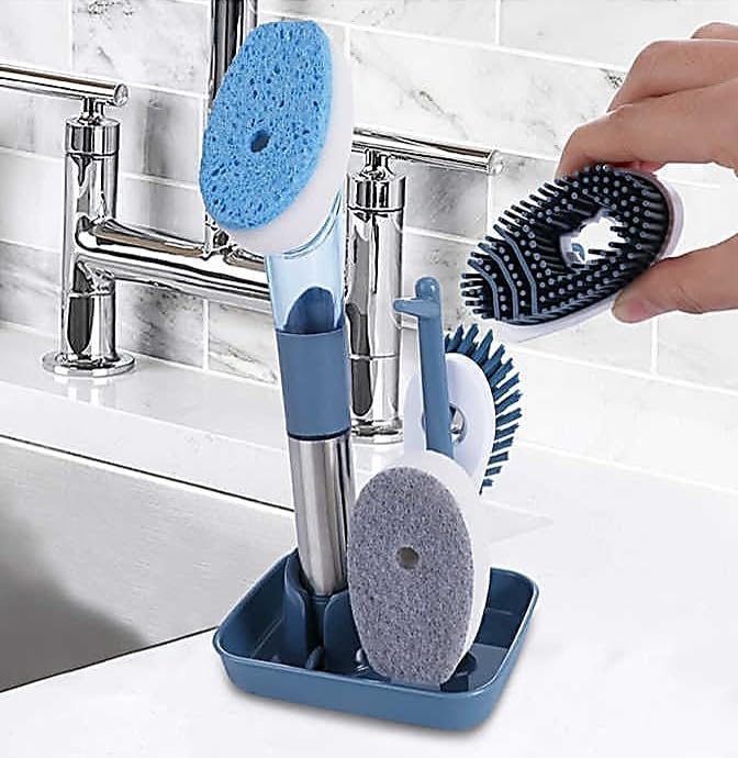 Soap-Dispensing Dish Washing Brush Set – Includes 4 Replaceable Heads & Stylish Storage Stand – Effortless Scrubbing for Dishes, Pots, Pans & Sinks by Unknown