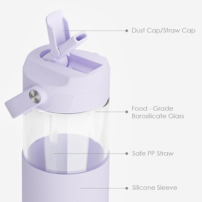Glass Water Bottle with Silicone Sleeve and Straw Lid 20oz for Girls Women, Glass Drinking Bottles for Travel Home Gym Sports (Amethyst Whisper)