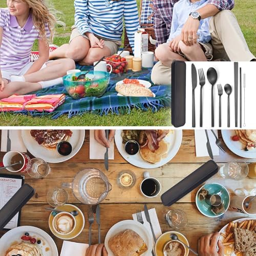 AARAINBOW 6 Pieces Stainless Steel Flatware Set Portable Reusable Cutlery Set Travel Utensils Set Including Chopsticks Knife Fork Spoon Straws Cleaning Brush Dishwasher Safe (B-Black) - Image 6