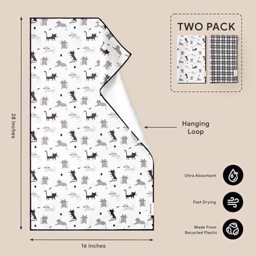 RECYCO Waffle Kitchen Towel Set of 2 - Quick Dry Microfiber Sustainable Dish Towels - Absorbent Reusable Cleaning Tea Towels - Lightweight Hand Towels,16”x 28”, Shadow Meow - Image 2