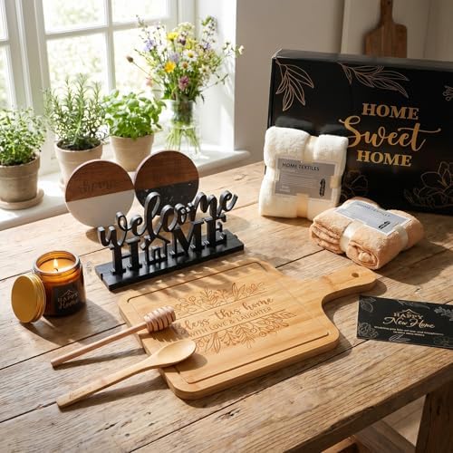 Housewarming Gifts Baskets - Serving Board Towels Bamboo Spoon Honey Stirrer Coaster Candle Set for First Apartment New Home Buyers Closing Gift Homeowner Housewarming Gift (Elegant,Black) - Image 5