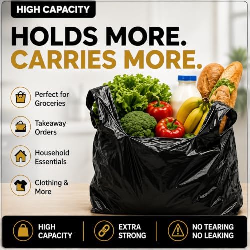 Heavy Duty Black Plastic Shopping Bags with Handles, T-Shirt Grocery Carrier, 12 x 18 x 24 Inch, HDPE for Retail, Convenience Stores and Takeout, 200 Count - Image 4