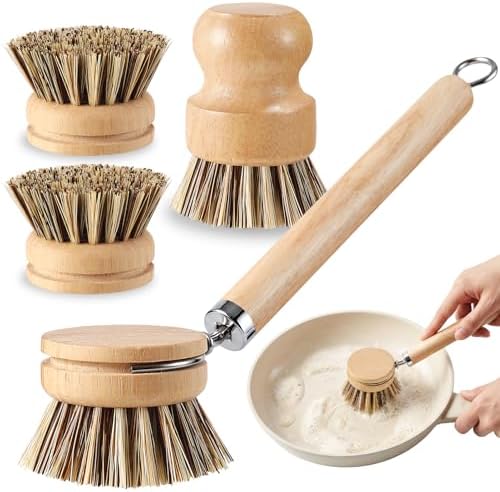 5 Pcs Bamboo Wood Dish Brush Set Includes 1 Wooden Handle with 3 Natural Replaceable Bristle Heads and 1 Handheld Bamboo Wok Brush Scrubber for Dishes Pans Pots Fruit and Veggie Washing(Style C) by ZJoey